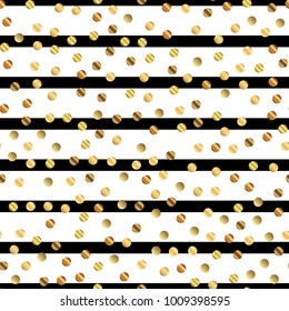 Golden dots seamless pattern on black and white striped adorable background.