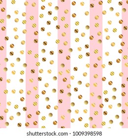 Golden dots seamless pattern on pink striped wondrous background.