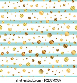 Golden dots seamless pattern on blue striped unusual background.