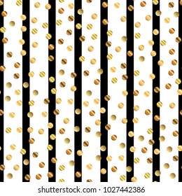 Golden dots seamless pattern on black and white striped bewitching background.