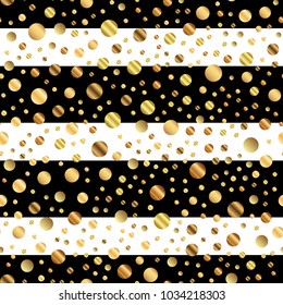 Golden dots seamless pattern on black and white striped interesting background.