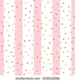Golden dots seamless pattern on pink striped breathtaking background.