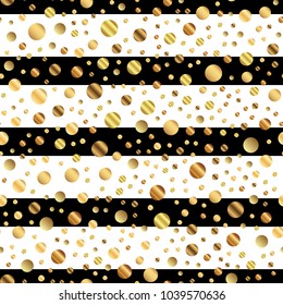 Golden dots seamless pattern on black and white striped pleasant background.