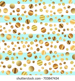 Golden dots seamless pattern on blue striped magnificent background.