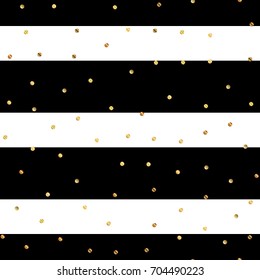 Golden dots seamless pattern on black and white striped wondrous background.