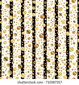 Golden dots seamless pattern on black and white striped divine background.