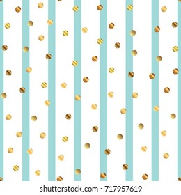 Golden dots seamless pattern on blue striped cool background.