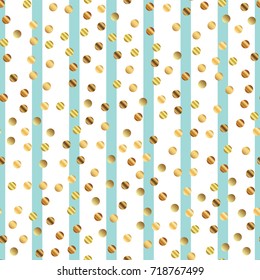 Golden dots seamless pattern on blue striped superb background.