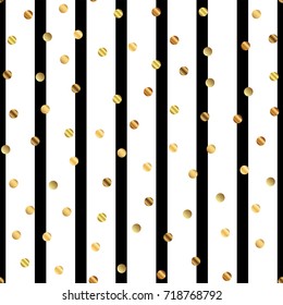 Golden dots seamless pattern on black and white striped classy background.