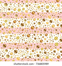 Golden dots seamless pattern on pink striped divine background.