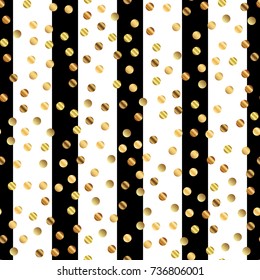 Golden dots seamless pattern on black and white striped captivating background.