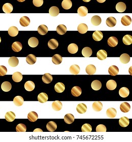 Golden dots seamless pattern on black and white striped mesmeric background.