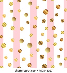 Golden dots seamless pattern on pink striped mind-blowing background.