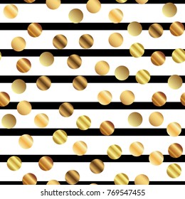Golden dots seamless pattern on black and white striped gorgeous background.