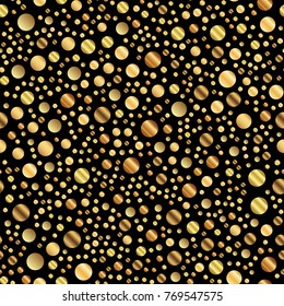 Golden dots seamless pattern on black cool background.