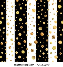 Golden dots seamless pattern on black and white striped splendid background.