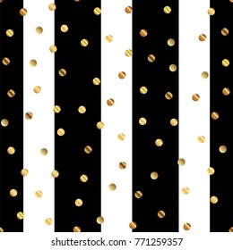 Golden dots seamless pattern on black and white striped beauteous background.