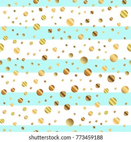 Golden dots seamless pattern on blue striped classy background.