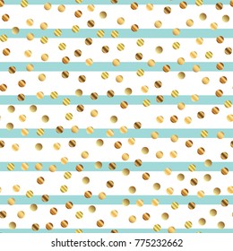 Golden dots seamless pattern on blue striped stunning background.