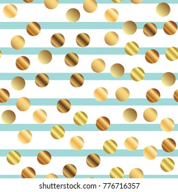 Golden dots seamless pattern on blue striped symmetrical background.