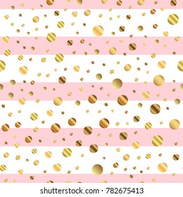 Golden dots seamless pattern on pink striped terrific background.