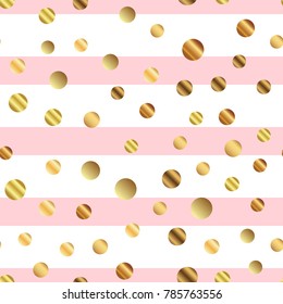 Golden dots seamless pattern on pink striped alluring background.