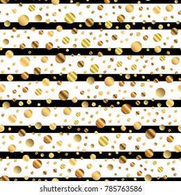 Golden dots seamless pattern on black and white striped pleasing background.