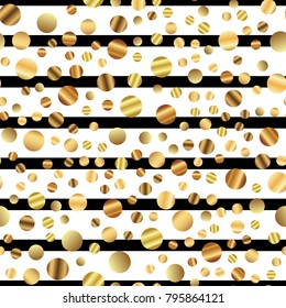 Golden dots seamless pattern on black and white striped remarkable background.