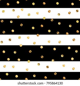 Golden dots seamless pattern on black and white striped astonishing background.