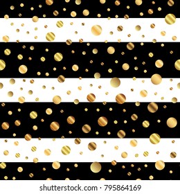 Golden dots seamless pattern on black and white striped glamorous background.