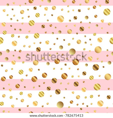 Golden dots seamless pattern on pink striped terrific background.