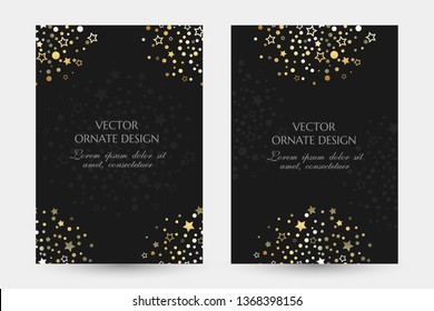 Golden dots and stars design. Luxury vertical posters with decorative elements on the black background. Vector illustration for event invitation, ceremony card or celebration banner.