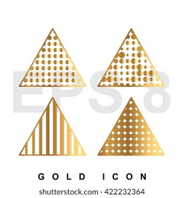 Golden dots and striped triangles premium icon graphic web design element or logo template. Vector royal luxury symbol for business, internet, decoration. Modern abstract metallic emblem set.