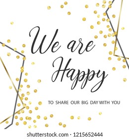 Golden dots wedding invitation, invite, save the date template. Geometric golden and gray  frame, border with copy space. Glittering gold dots. Vector design card.