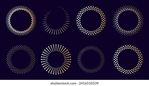 Golden dotted abstract frames set. Pop art halftone gradient backdrops in gold color. Dark background. Elegant and stylish elements for your designs.