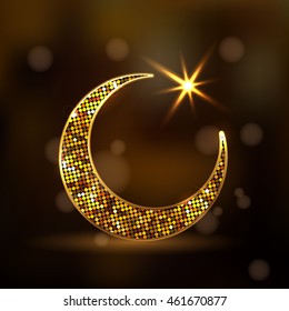 Golden dotted design decorated crescent moon and glowing star. Arabic Islamic gold symbol on brown background.  Vector illustration. EPS 10