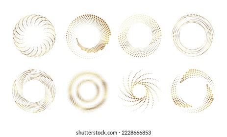 El diseño de los marcos dorados punteados de media tonalidad. Forma de círculo de marco decorativo. Elementos gráficos abstractos de oro, decoración vectorial de lujo. Conjunto futurista creativo