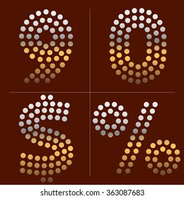 Golden dotted metal alphabet. Numbers 9, 0 and Symbols.
