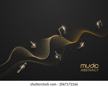 Golden Dotted Wavy Movement Background With Light Effect Music Notes.