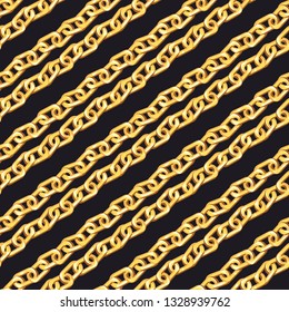 Golden double chain seamless pattern. Gold flat jewellery on black background. Cartoon hand drawn necklace background.   Decorative vector  fill, wrapping paper, wallpaper, textile design