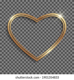 Golden double heart frame with shadows and highlights isolated on a transparent background.