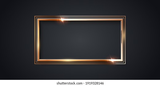 Golden double rectangle frame for picture on gray background. Blank space for picture, painting, card or photo. 3d realistic modern template vector illustration. Simple gold object on wall.