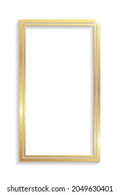 Golden double rectangle frame with shadows and highlights isolated on a white background.