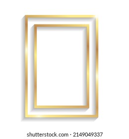 Golden double rectangle frame with shadows and highlights isolated on a white background.