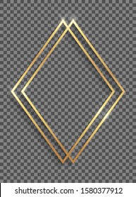 Golden double rhombus frame with shadows and highlights isolated on a transparent background.