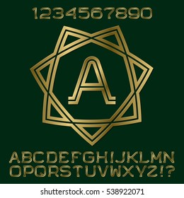 Golden double stripes letters and numbers with initial monogram in form of seven pointed star. Beautiful stylish font kit for logo design.