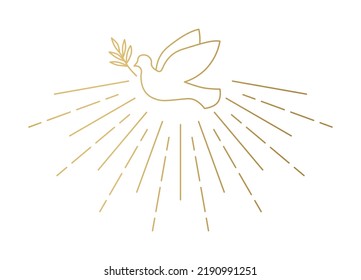 golden dove with olive branch and sun rays, Holy Spirit, peace concept- vector illustration