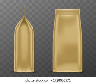 Golden doy pack, pouch paper or foil bag side and front view. Sachet with clip isolated on transparent background. Food or cosmetics product blank package mock up. Realistic 3d vector illustration