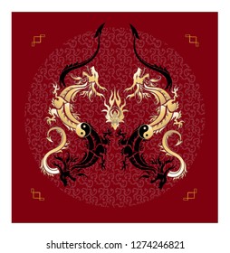 Golden dragon and black dragon symbols of yin-yang signed for symbol or logos graphic design 