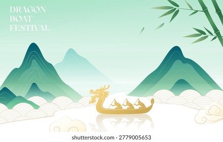 Golden dragon boat glides through misty waters. Mountains rise softly in jade hues behind. Bamboo leaves flutter gently above. Lush green hills frame the tranquil scene